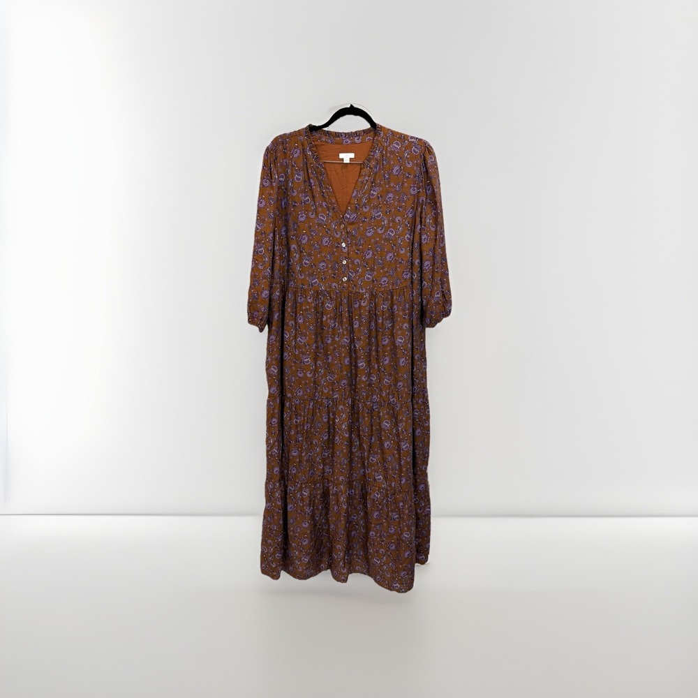 J. Jill XL Maxi Tiered Dress Ruffled Neckline In Dark Brown Graphic Paisley - Picture 1 of 10